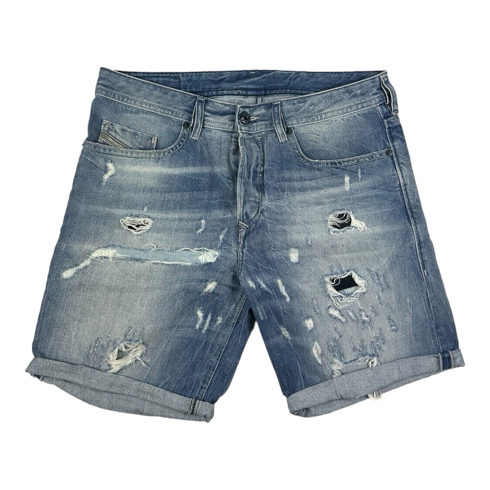 Diesel Mens Lightwash Distressed Denim Shorts Button Fly Blue Size 31